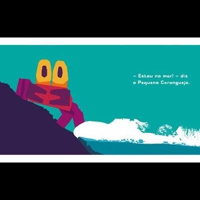 Ilustração de caranguejo colorido numa rocha com texto ao lado sobre o mar