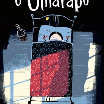 Capa de livro com criança na cama coberta por cobertor vermelho e azul e título 'o Olharapo'