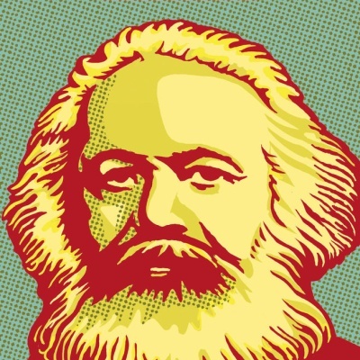 Capa de livro ilustrada com rosto de Karl Marx e textos em amarelo e vermelho