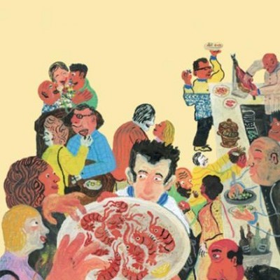 Ilustração colorida com pessoas num restaurante e marisco no prato, texto 'MADRID MANUEL MARSOL'