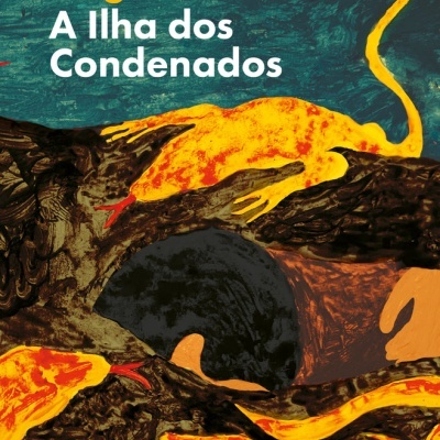 Capa do livro A Ilha dos Condenados com ilustração de lagartos amarelos e laranja.