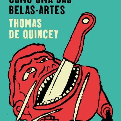 Capa do livro do autor Thomas de Quincey com ilustração de cabeça vermelha e faca numa boca