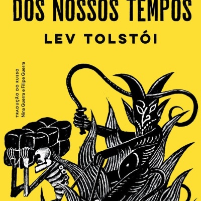 Capa de livro amarelo com título preto e ilustração de figura demoníaca castigando esqueleto.