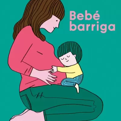 Capa de livro Bebé barriga com ilustração de mulher grávida e criança abraçando a barriga