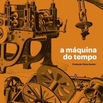 Capa de livro laranja com máquinas antigas e texto em branco e preto
