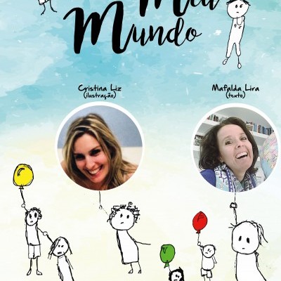 Capa de livro com título Meu Mundo, fotos das autoras e desenhos infantis com balões coloridos