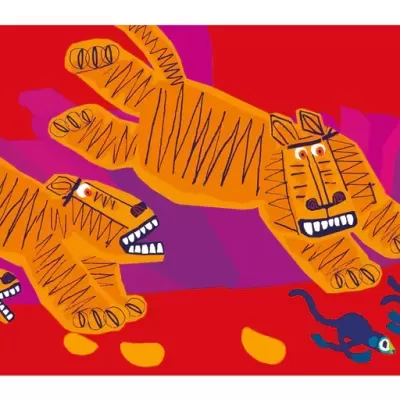 Ilustração de tigres laranja e animais azuis sobre fundo vermelho e roxo
