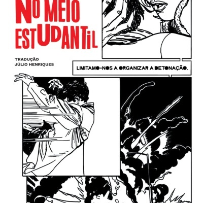 Página de banda desenhada Da Miséria No Meio Estudantil com desenho a preto e branco e texto em vermelho e preto