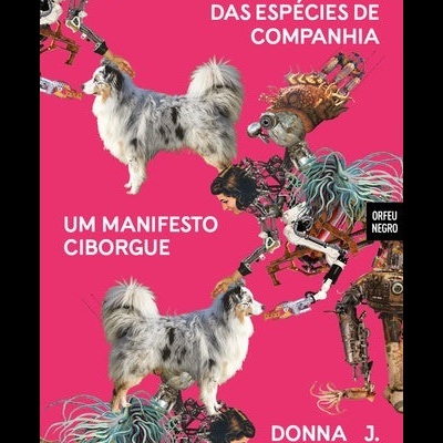 Capa de livro com cães ciborgues e texto em fundo rosa
