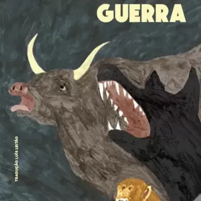 Capa de livro com ilustração de touro, lobo e leão e texto amarelo