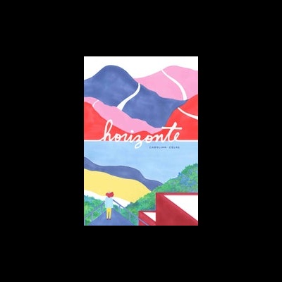 Capa de livro colorida com montanhas estilizadas e texto horizonte