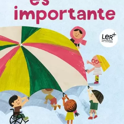 Capa de livro com ilustração de crianças e guarda-chuva colorido