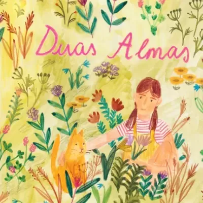 Capa de livro com rapariga e gato rodeados por plantas e flores coloridas