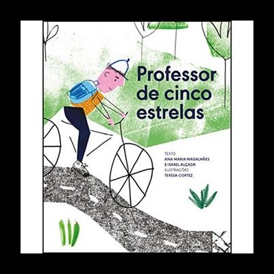 Capa de livro com desenho de pessoa a andar de bicicleta e texto do título e autores