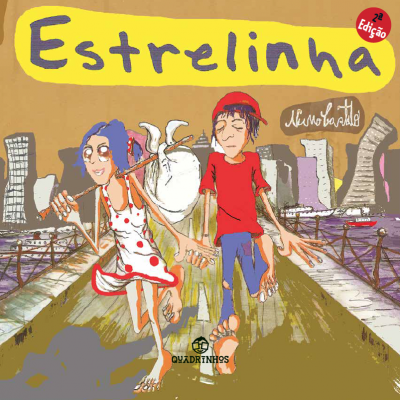 Capa de livro Estrelinha com personagens animados e texto em amarelo e branco