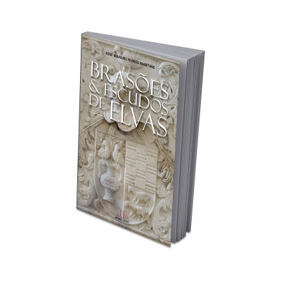 Livro sobre brasões e escudos de Elvas com capa bege ilustrada