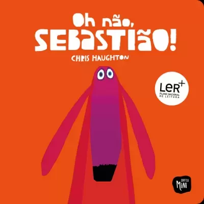 Capa de livro infantil laranja com texto 'Oh não Sebastião!' e figura roxa de animal