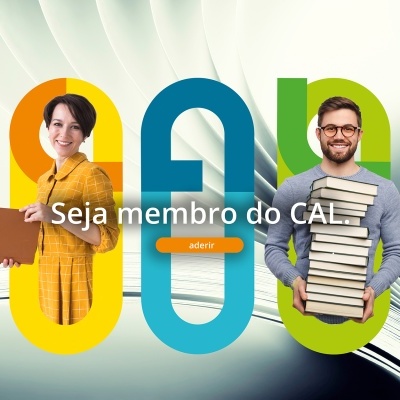 Mulher com casaco amarelo e homem com camisola azul segurando livros com texto promocional para o CAL