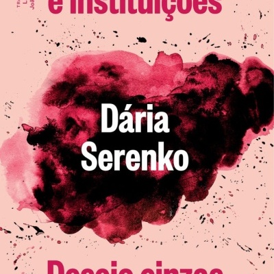 Capa de livro rosa com manchas vermelhas e pretas e texto em português