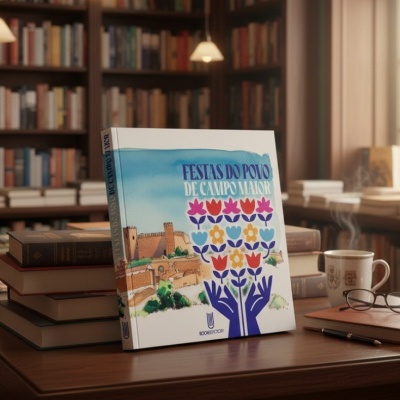 Livro FESTAS DO POVO DE CAMPO MAIOR numa mesa com livros, caneca fumegante e óculos numa biblioteca acolhedora
