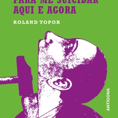 Capa de livro verde com texto roxo e branco, imagem roxa de cabeça humana e martelo