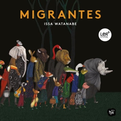Capa do livro Migrantes com vários animais antropomórficos alinhados e título em destaque