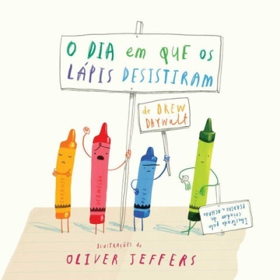 Ilustração com quatro lápis de cera animados segurando placas com texto em português e inglês