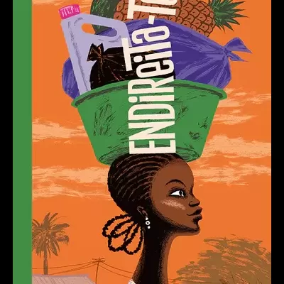 Ilustração de mulher a carregar bacia com frutas e sacos numa paisagem laranja