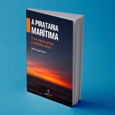 Livro sobre pirataria marítima com capa de pôr do sol sobre o mar
