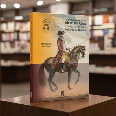 Capa de livro com ilustração de homem a cavalo e texto em português, em loja de livros.