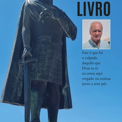 Livro com imagem da estátua de D. Sancho II e texto em fundo azul.