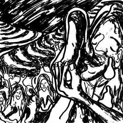 Desenho a preto e branco com várias figuras humanas estilizadas e linhas curvas