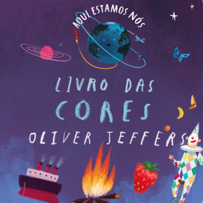 Capa de livro infantil com título LIVRO DAS CORES e ilustrações coloridas no fundo roxo.