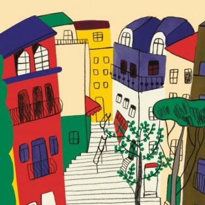 Capa de livro 'Coimbra' com ilustração colorida de rua e edifícios