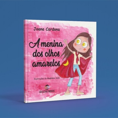 Capa de livro infantil rosa com menina de olhos amarelos e texto em português