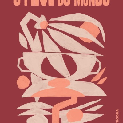 Capa de livro com título em letras salmão sobre fundo vermelho e ilustração abstrata em tons claros e salmão.