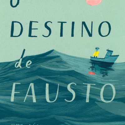 Capa de livro 'O Destino de Fausto' com ilustração de mar, barco e sol rosa