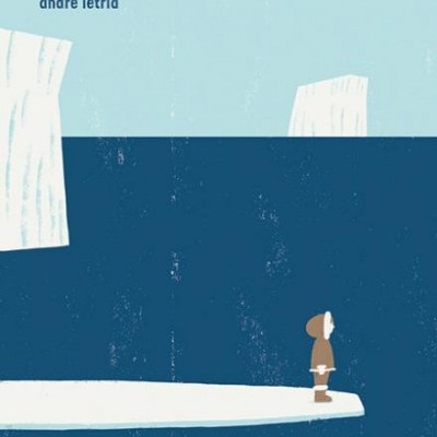 Capa azul de livro ou álbum com título PARTIDA por andré letria e ilustração de figura pequena junto a icebergues.