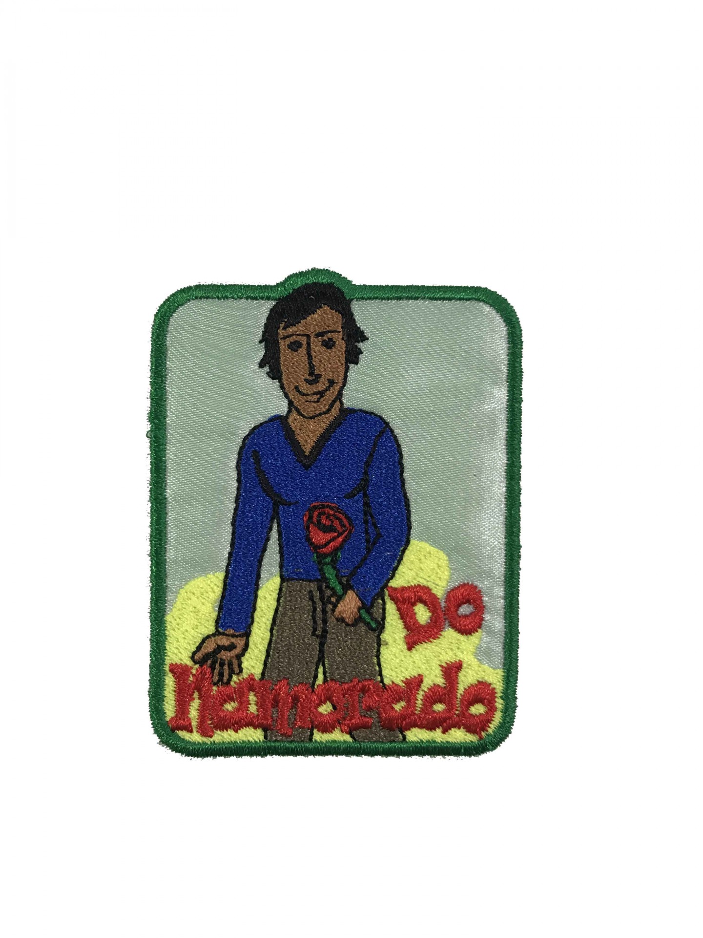 Emblema bordado com homem segurando rosa e texto 