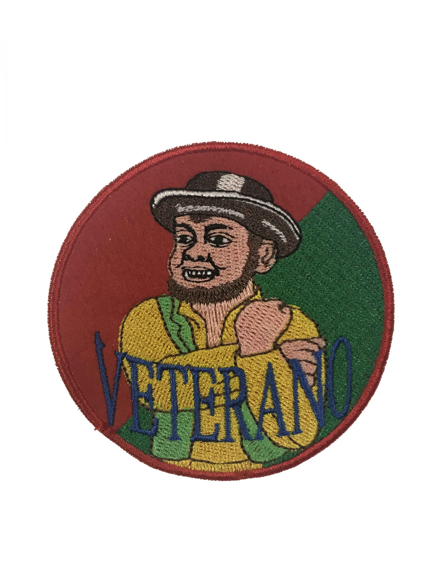 Emblema bordado redondo com figura de homem e texto VETERANO
