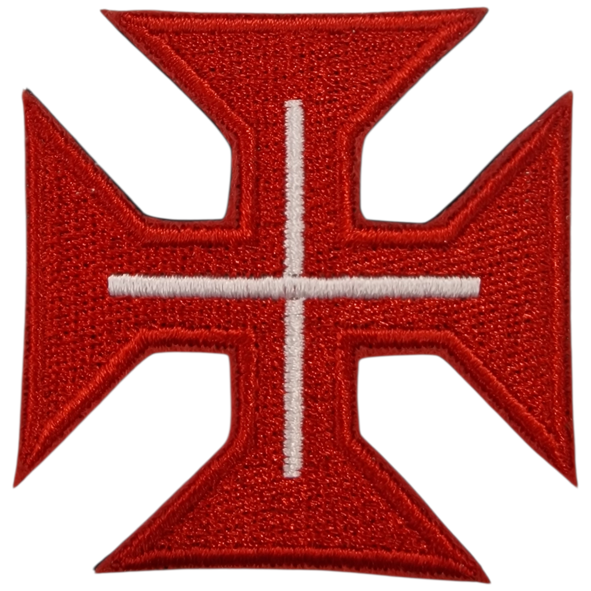 Patch bordado vermelho em forma de cruz com detalhes brancos
