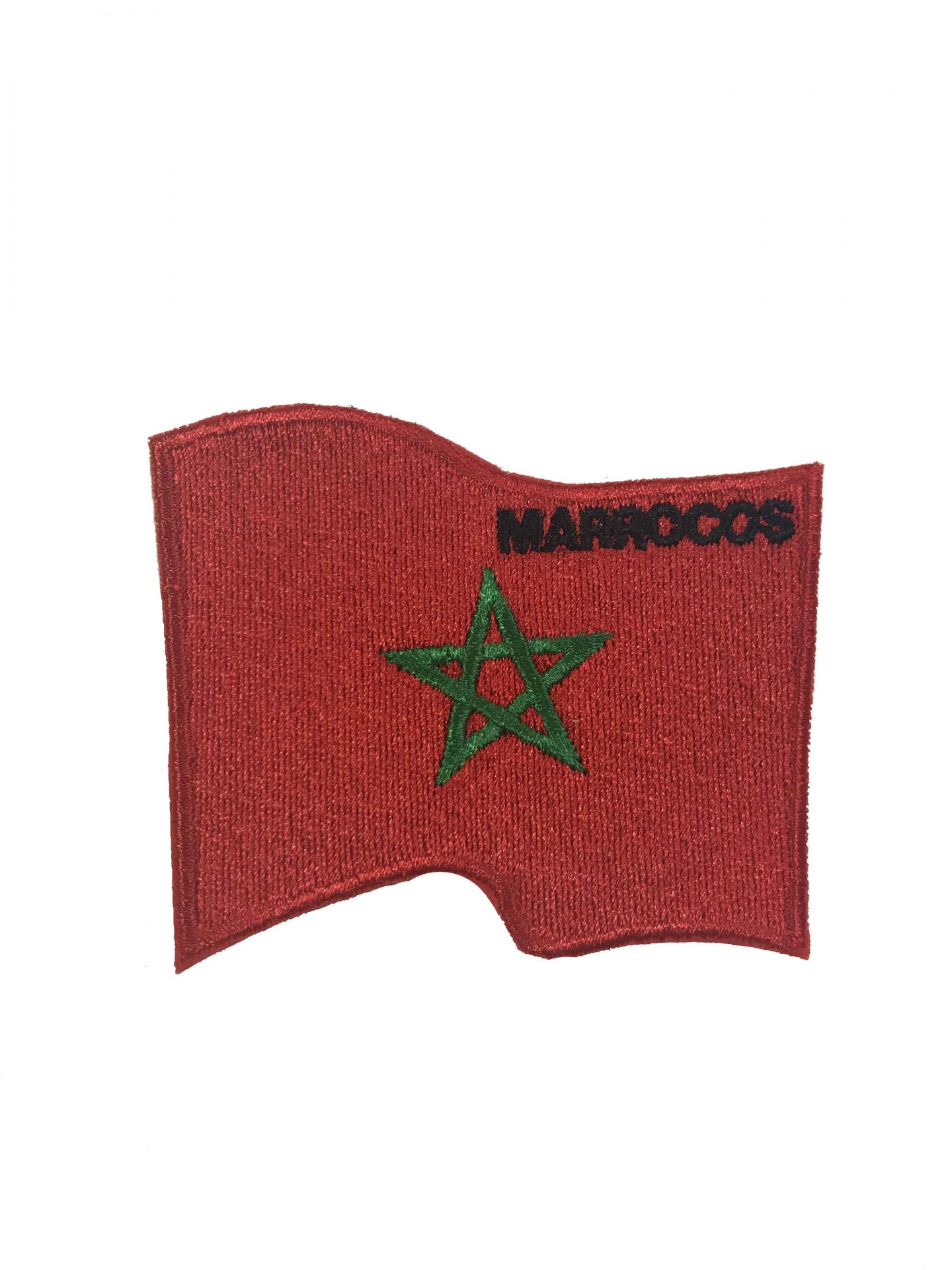 Emblema tecido vermelho com estrela verde e texto MARROCOS