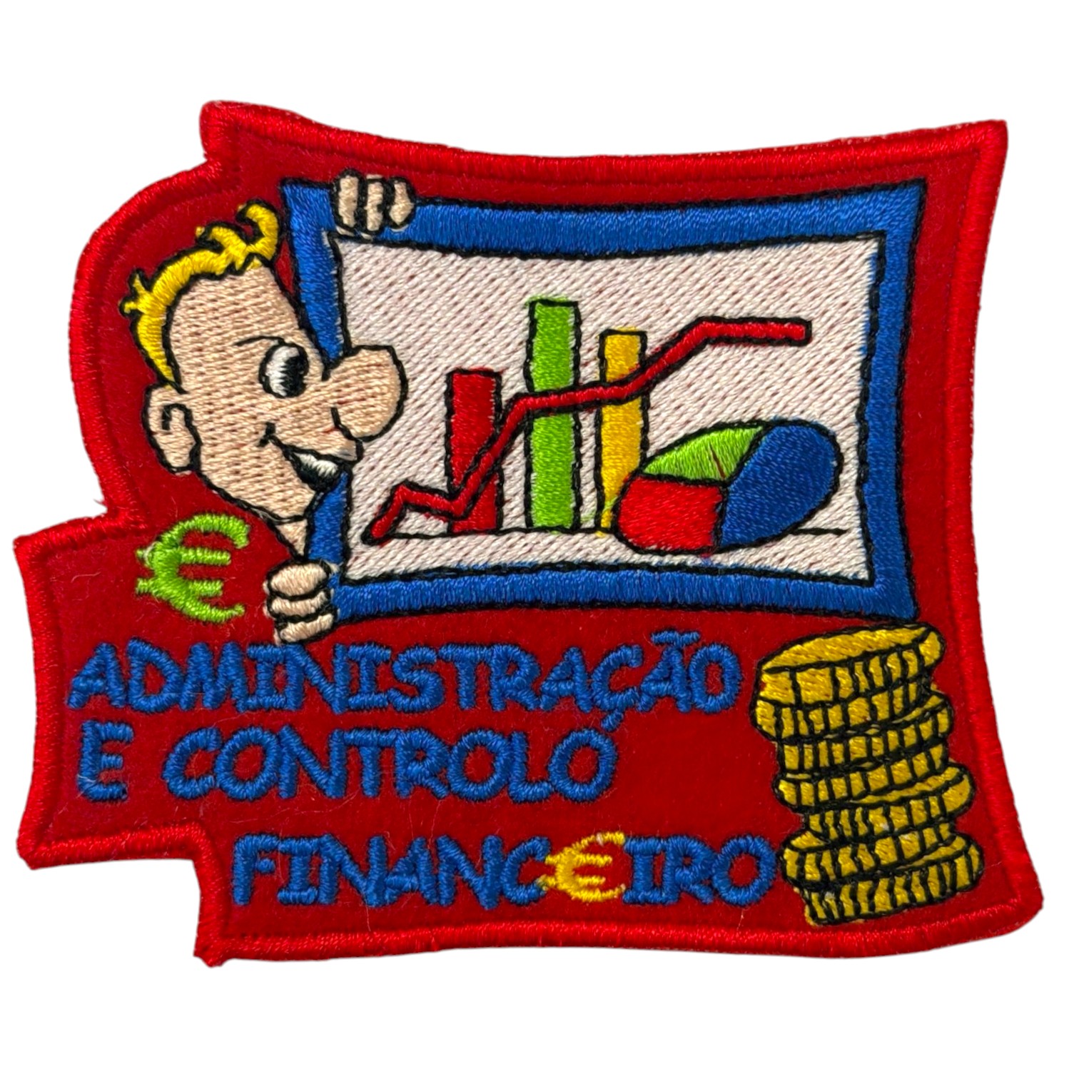 Patch bordado vermelho com gráfico e texto ADMINISTRAÇÃO E CONTROLO FINANCEIRO