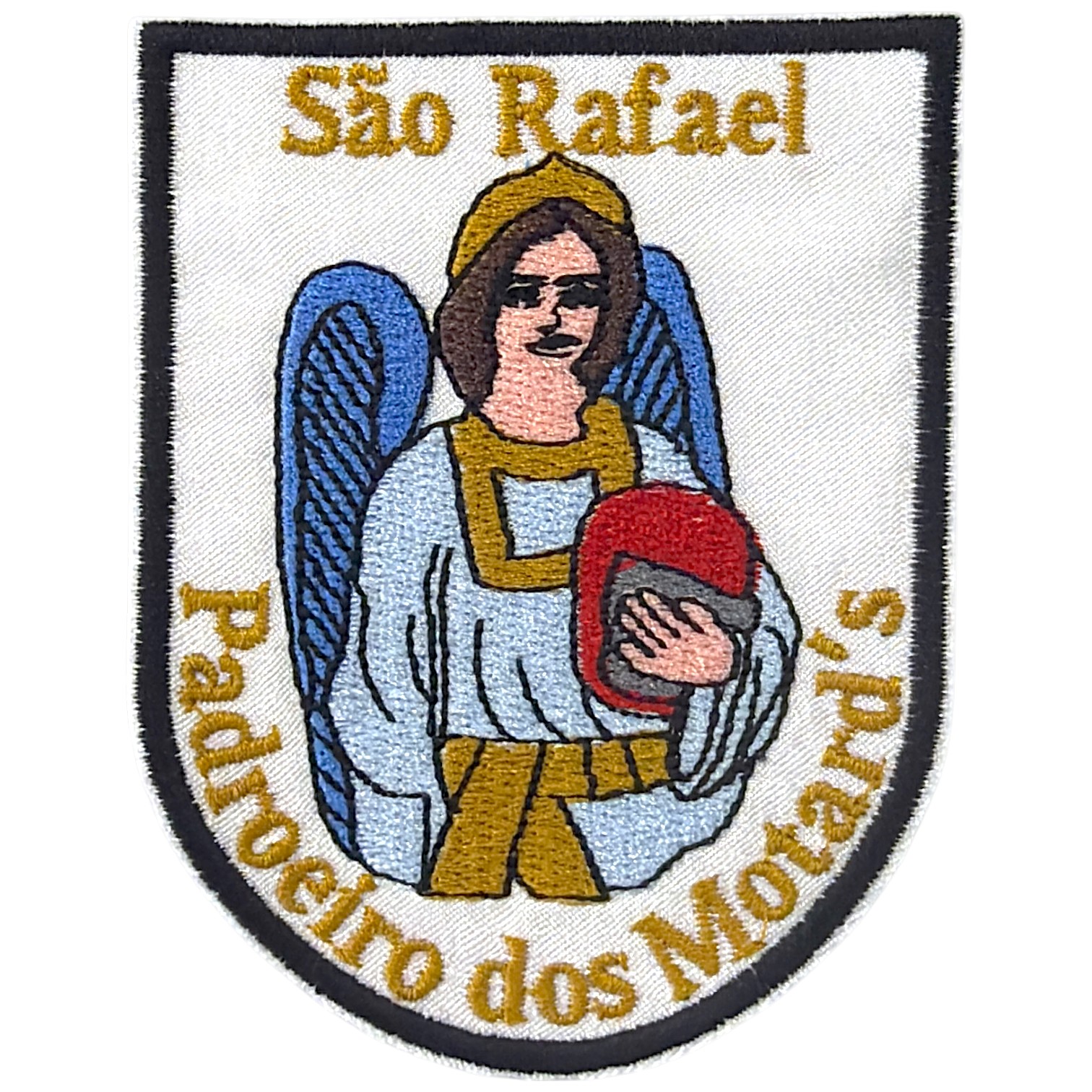 Emblema bordado de São Rafael com texto em amarelo e borda preta