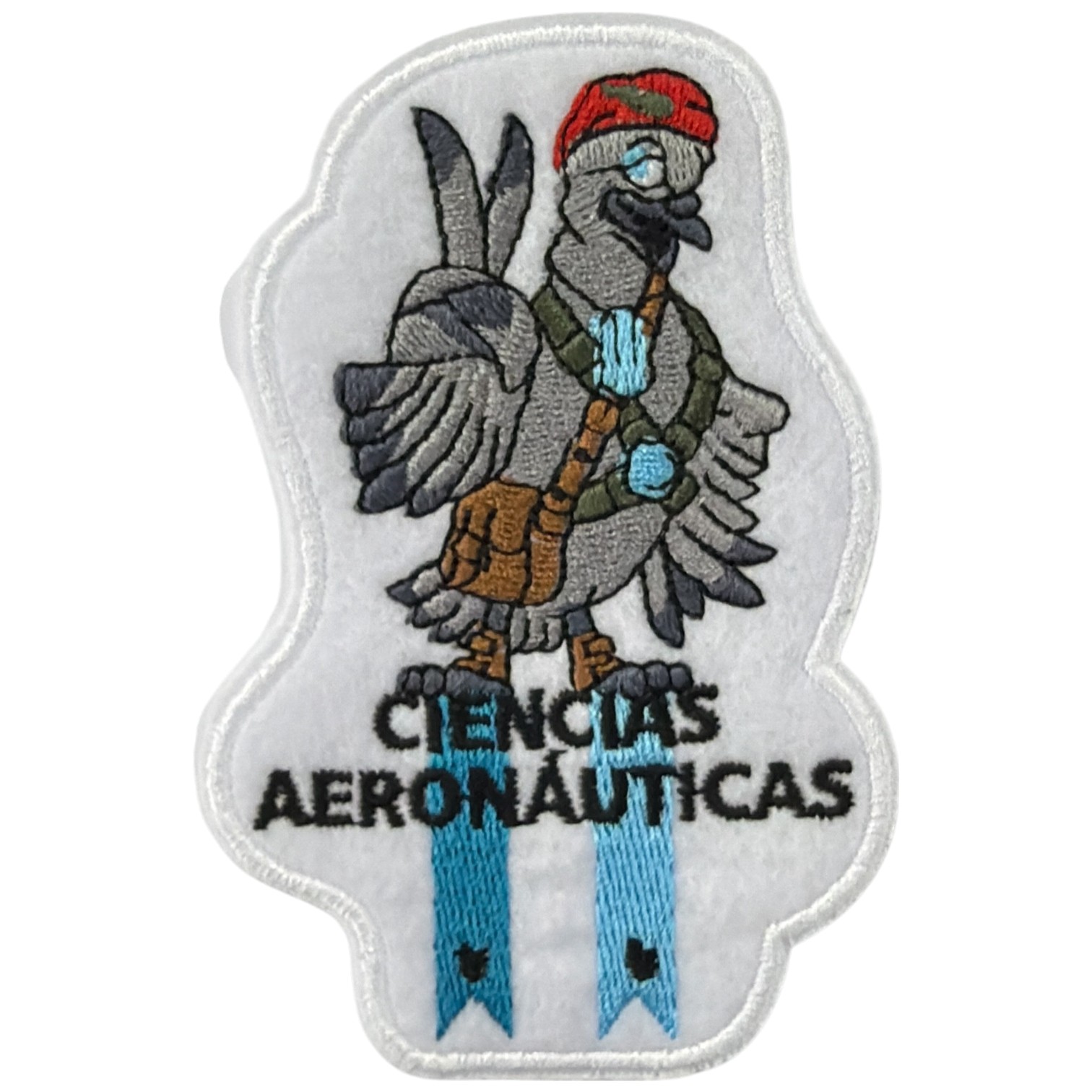 Patch bordado com pombo cinzento a fazer sinal de paz e texto Ciencias Aeronauticas
