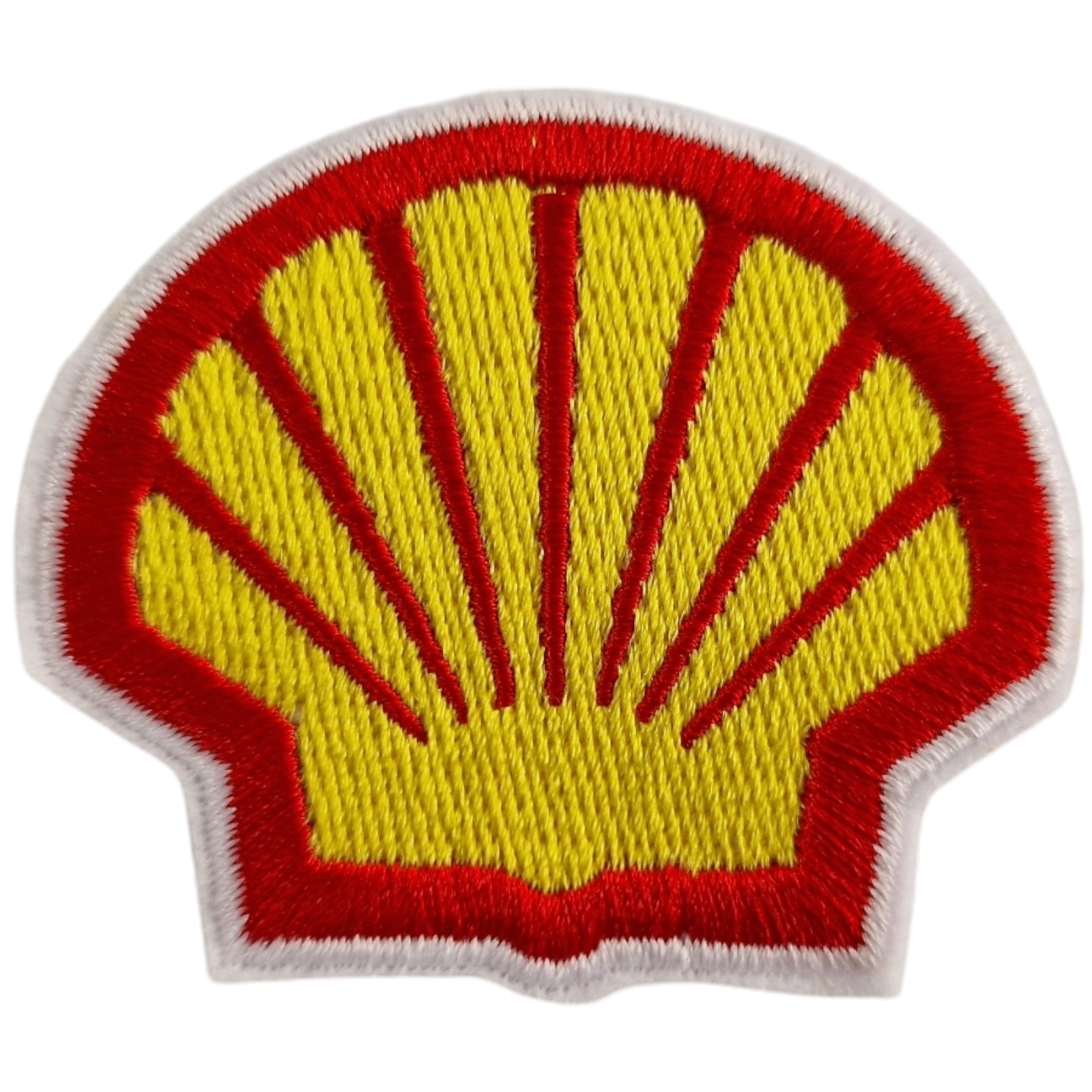Patch bordado em forma de concha amarela com contorno vermelho e branco