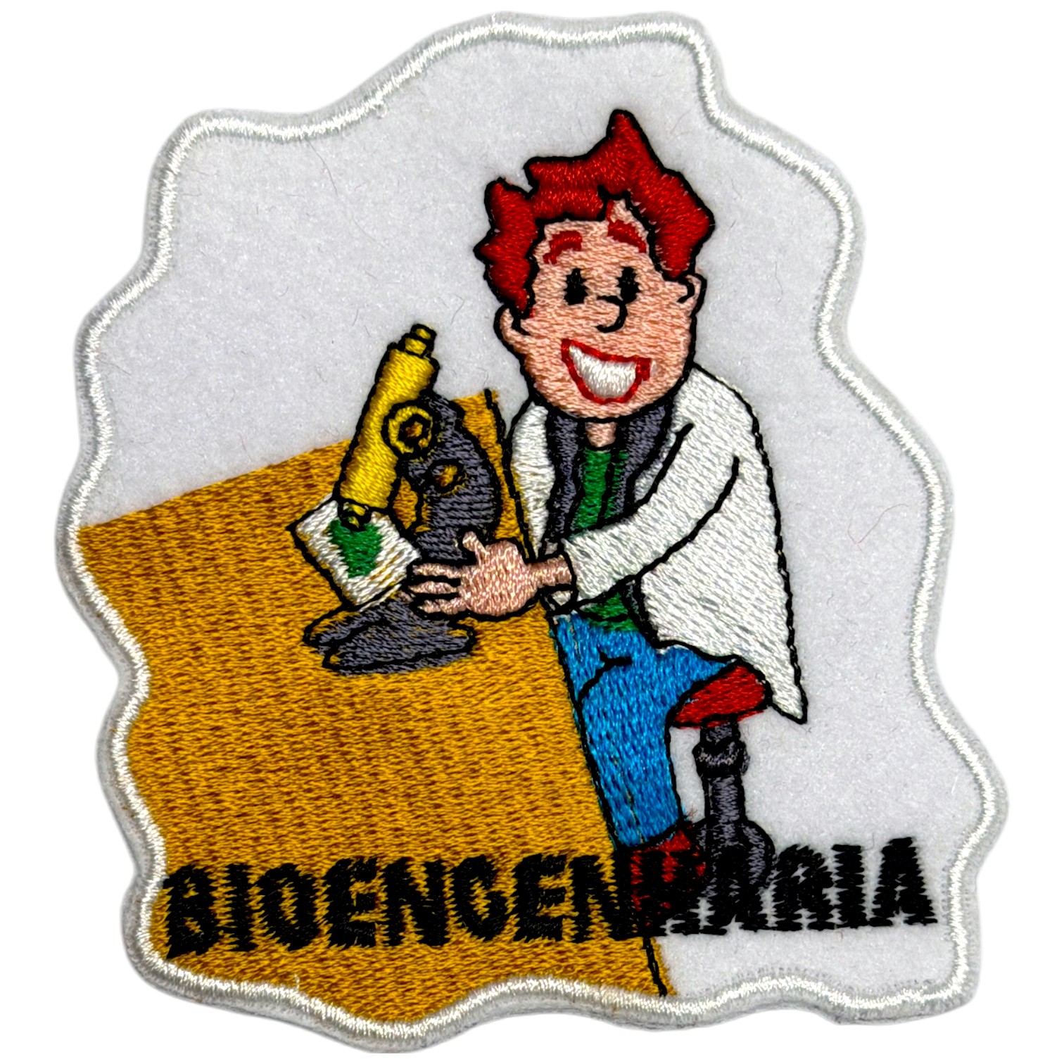 Emblema bordado cientista com microscópio e texto BIOENGENHARIA