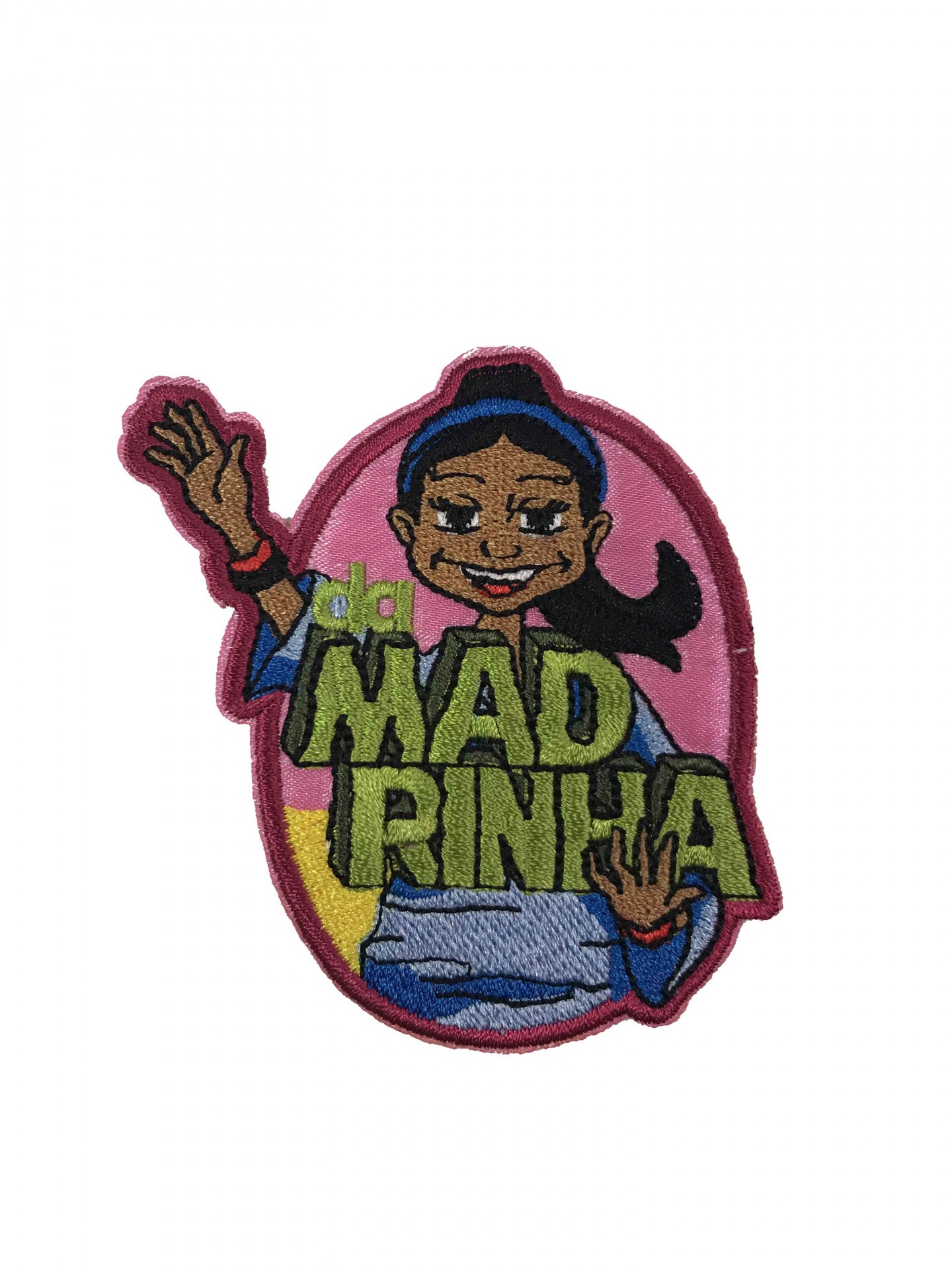 Patch bordado com personagem feminina e texto 