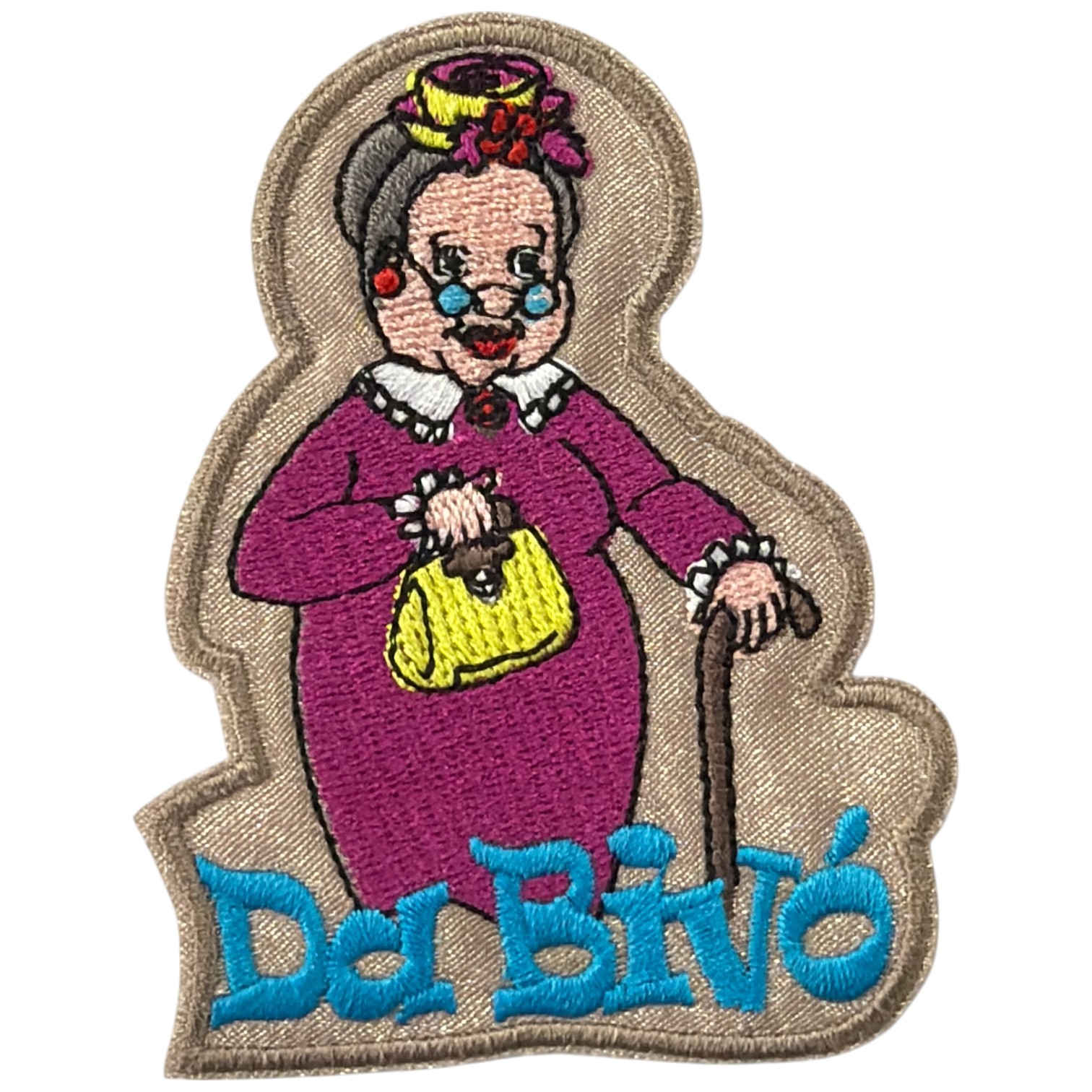Emblema bordado de senhora idosa com roupa roxa e texto azul Do.Binó
