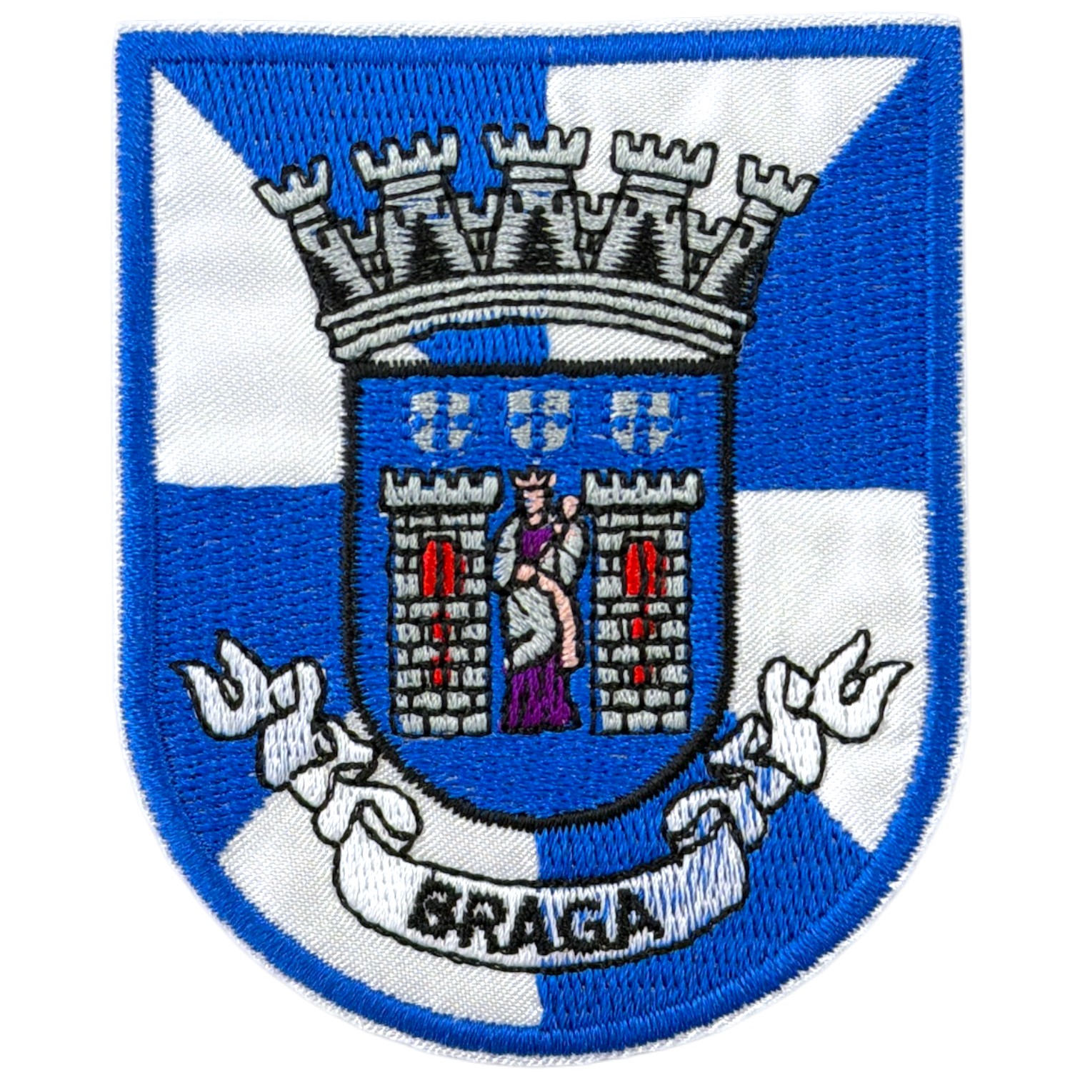 Emblema bordado com castelo e texto GRACA.